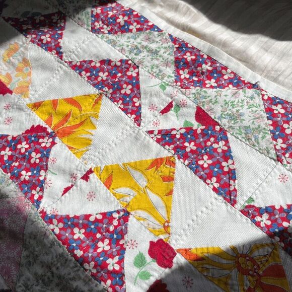 Vintage Hand Stitched Scrap Quilt 74x75 Feedsack Era Folk Art Patchwork Cottagec - Picture 11 of 13
